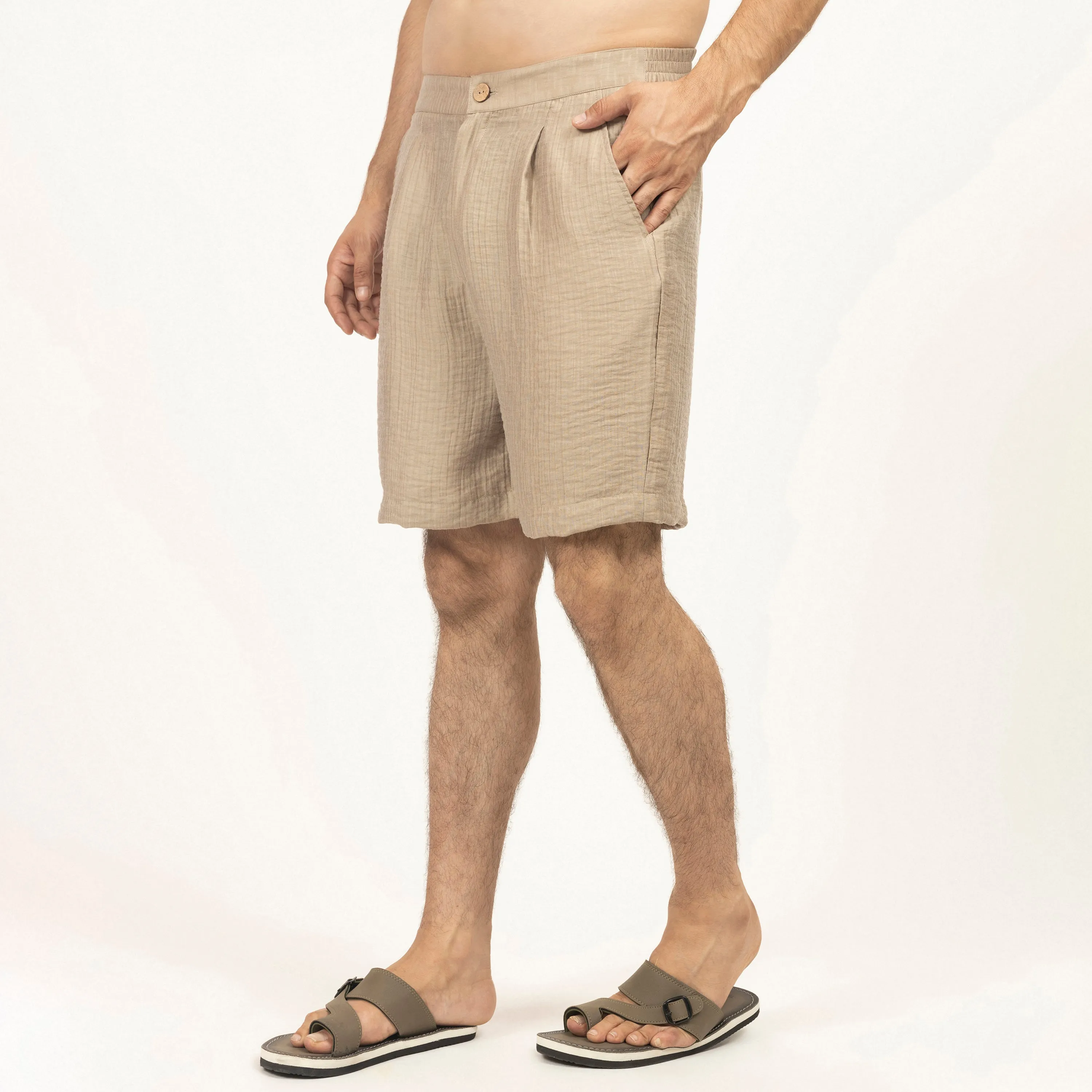 Beige Double gauze Bermuda Shorts