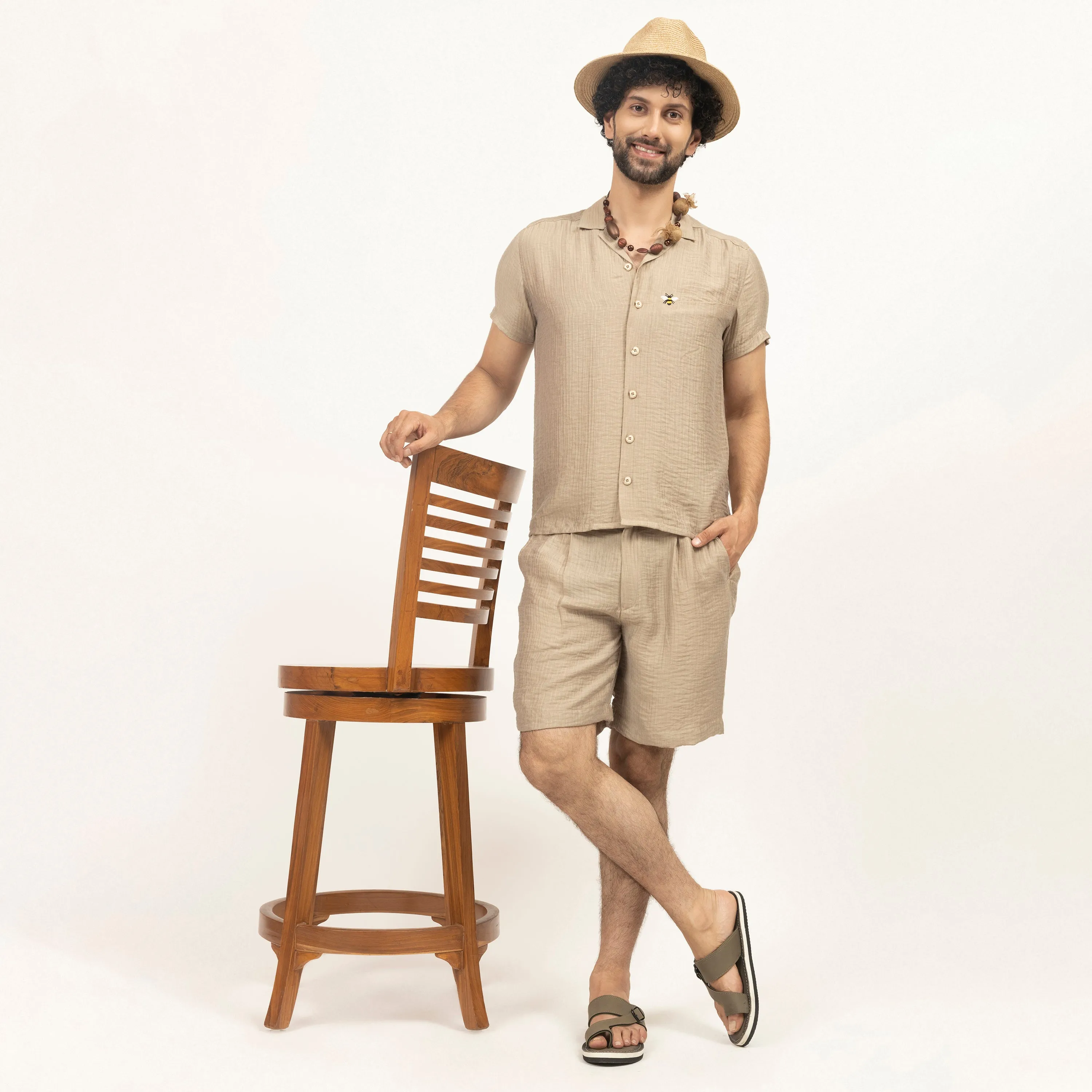 Beige Double gauze Bermuda Shorts