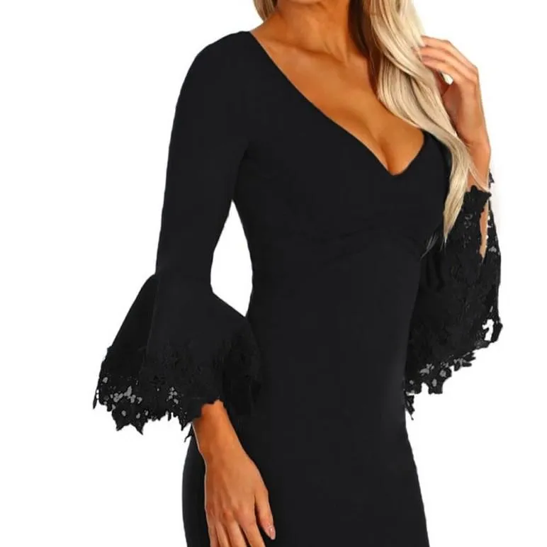 Bell Sleeve Black Knee Length V- neck High Waist Bodycon Dresses