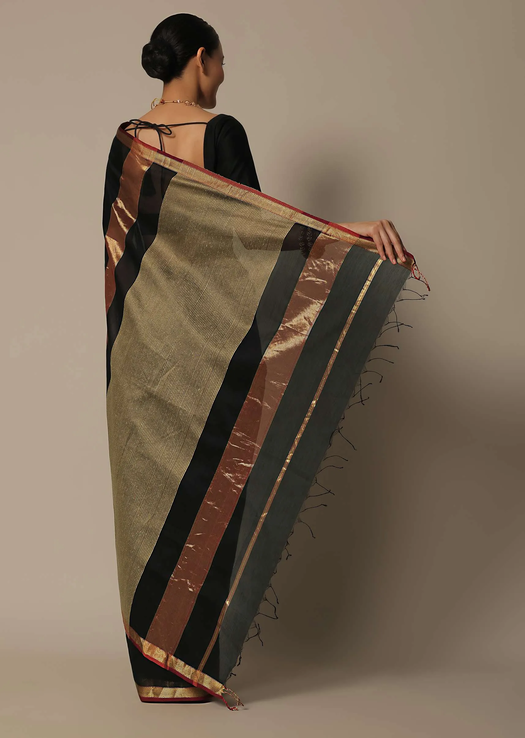 Black Maheshwari Chanderi Silk Saree With Jute Woven Pallu