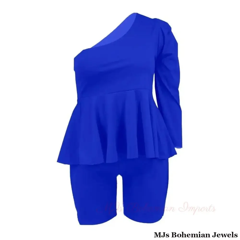 Blue 4XL Peplum Top Shorts Set