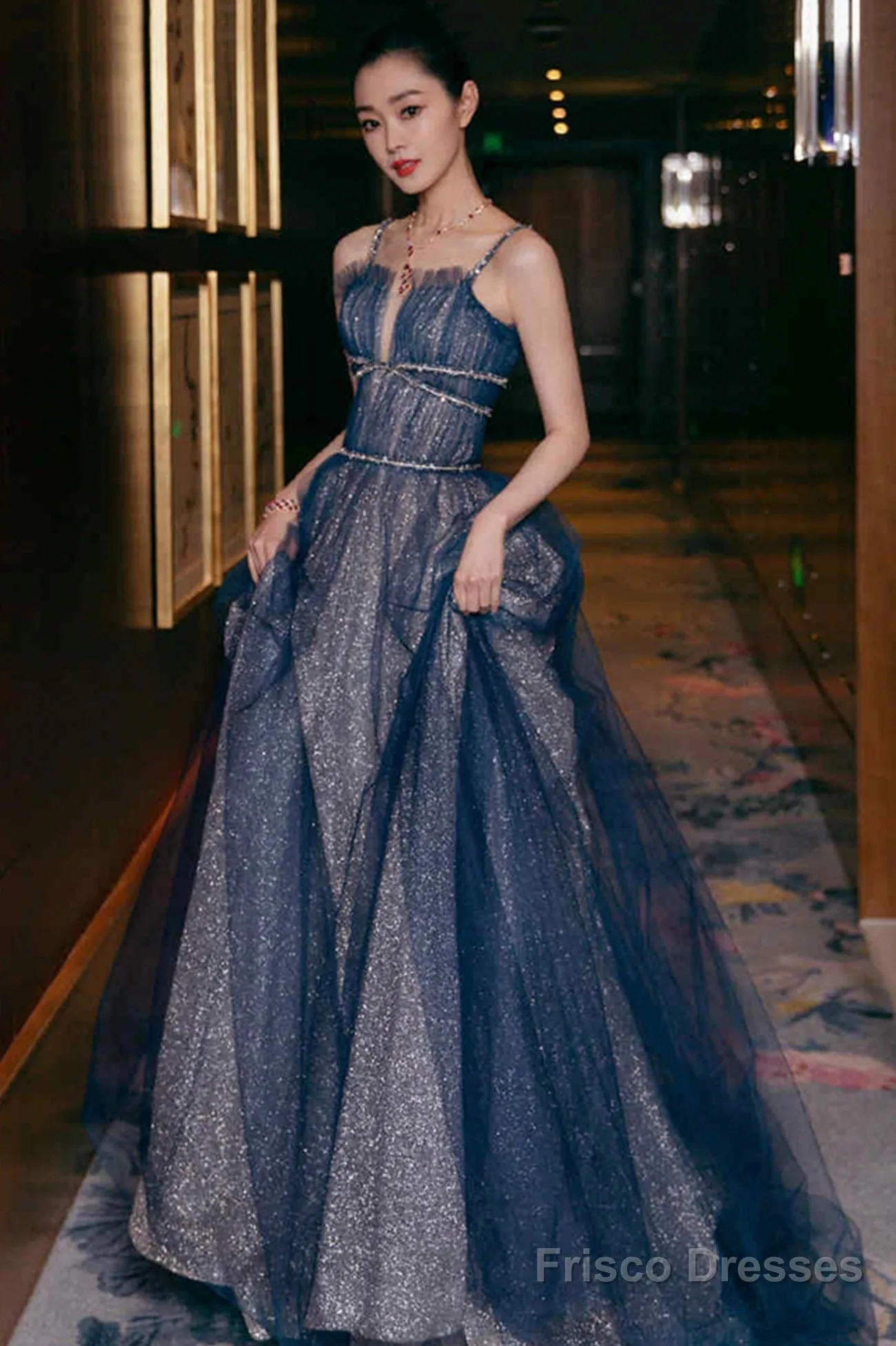 Blue Spaghetti Strap Long Prom Dresses, Blue A-Line Graduation Dresses