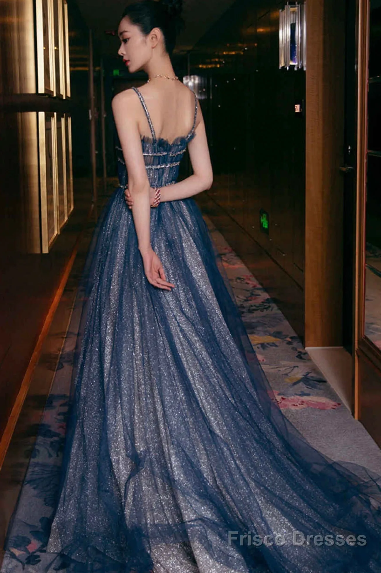 Blue Spaghetti Strap Long Prom Dresses, Blue A-Line Graduation Dresses