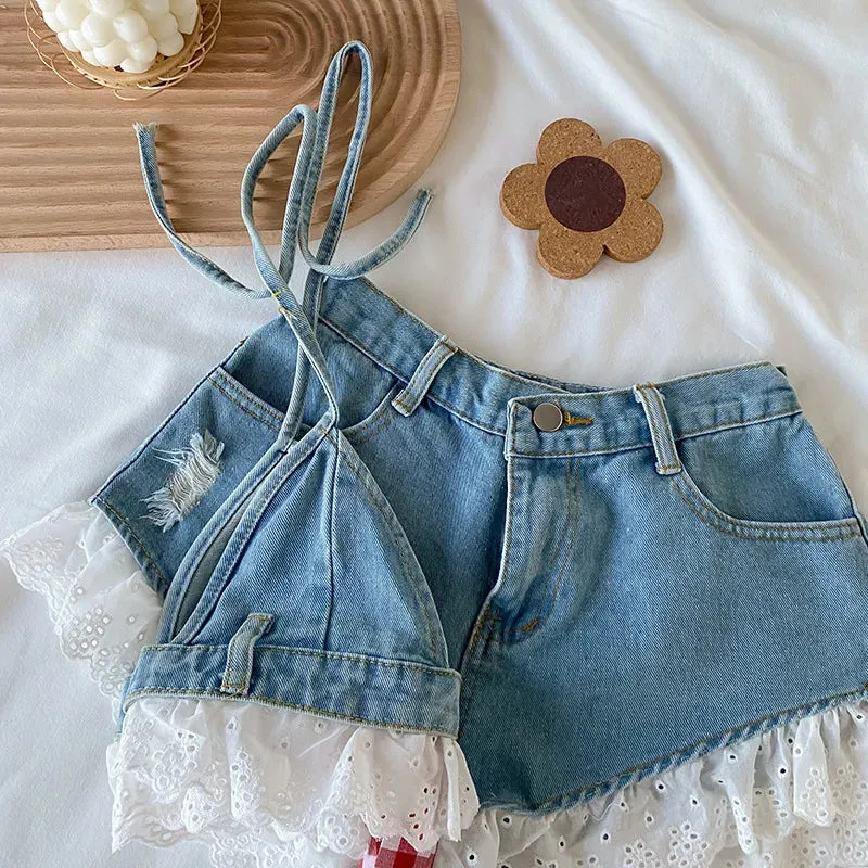 Denim Crop Shirts Jeans Shorts