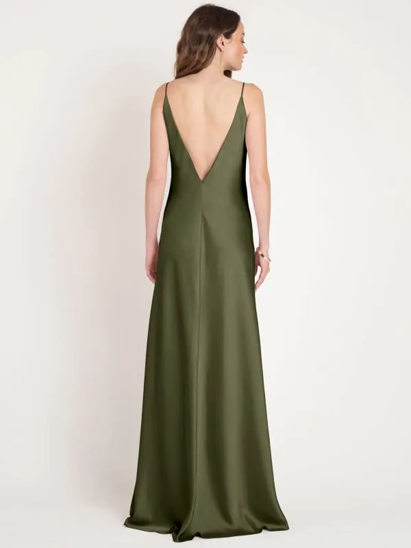 Evening Dress A-Line V-Neck Sleeveless Backless Satin Floor-Length Split Front Formal Party Dresses