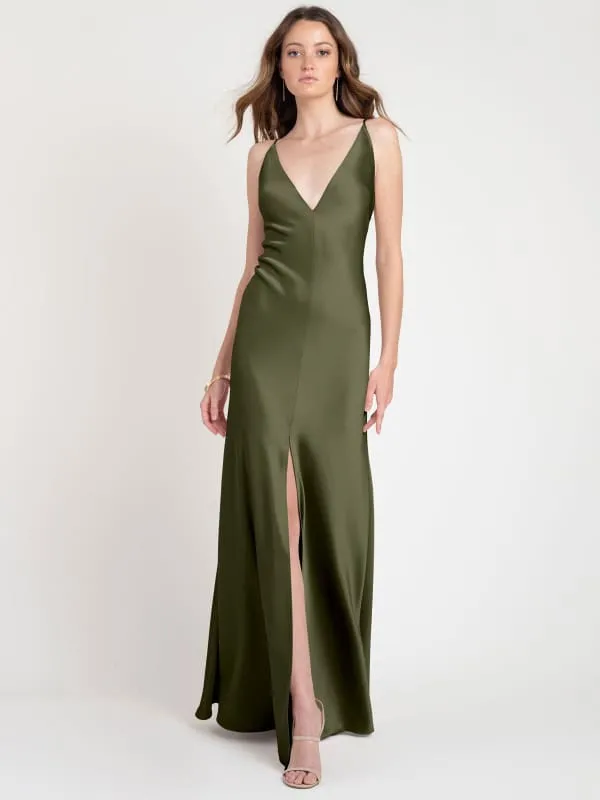 Evening Dress A-Line V-Neck Sleeveless Backless Satin Floor-Length Split Front Formal Party Dresses