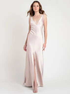 Evening Dress A-Line V-Neck Sleeveless Backless Satin Floor-Length Split Front Formal Party Dresses