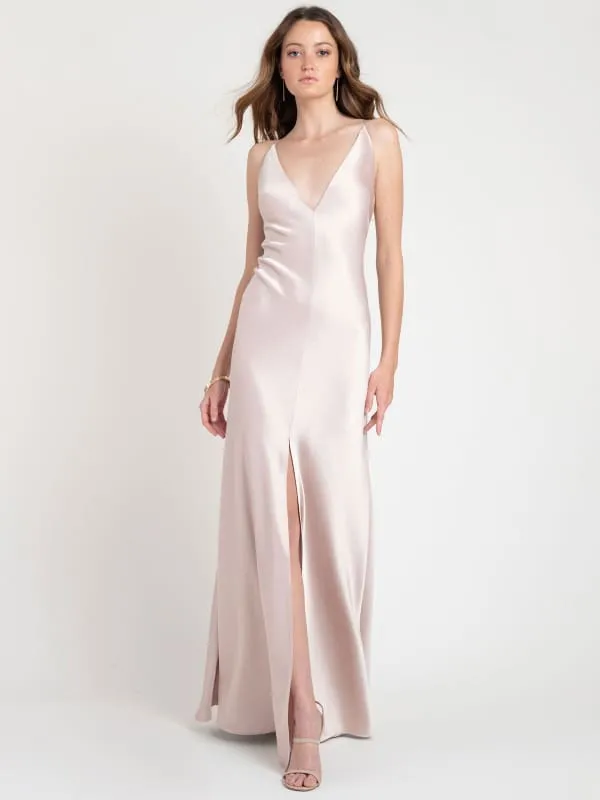 Evening Dress A-Line V-Neck Sleeveless Backless Satin Floor-Length Split Front Formal Party Dresses