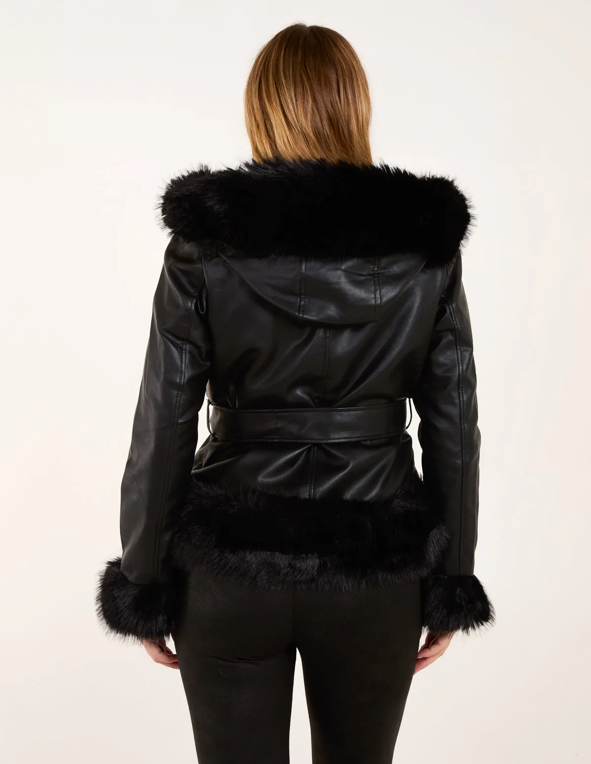 Hooded Zip Faux Fur Cropped PU Jacket