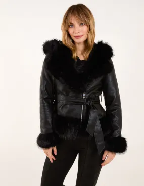 Hooded Zip Faux Fur Cropped PU Jacket