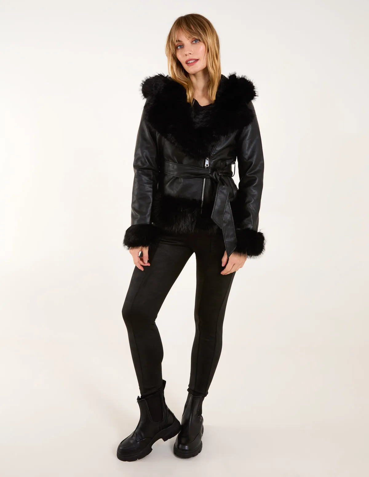Hooded Zip Faux Fur Cropped PU Jacket