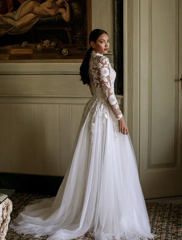 Nola Beautiful High Neck Long Sleeves White Wedding Dress