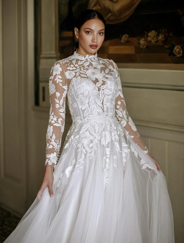 Nola Beautiful High Neck Long Sleeves White Wedding Dress