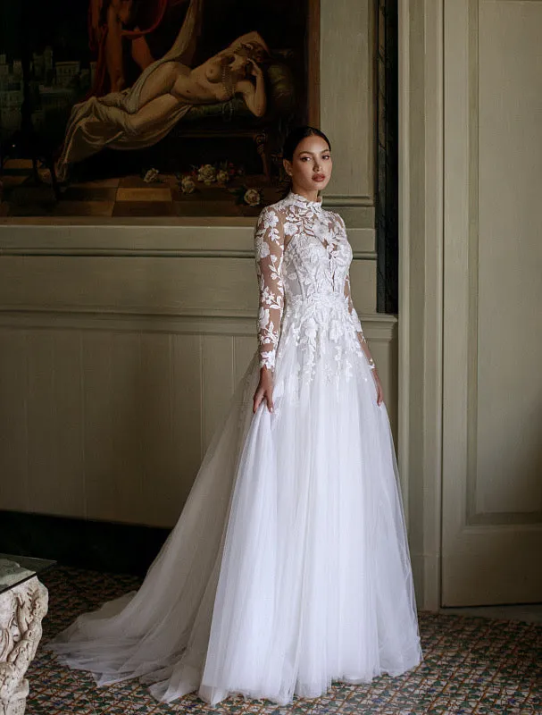 Nola Beautiful High Neck Long Sleeves White Wedding Dress