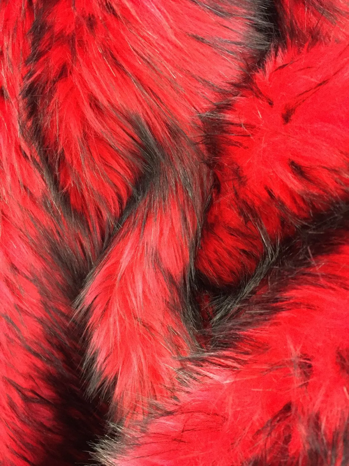 Red/black husky faux fur, 2 tone shaggy faux fur. Sold by the yard. 60" wide.