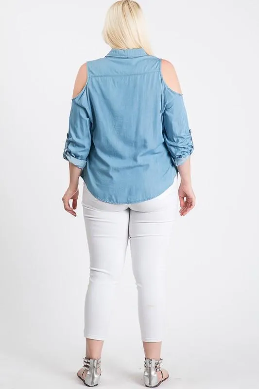 The Not So Basic Denim Cold-Shoulder Shirt