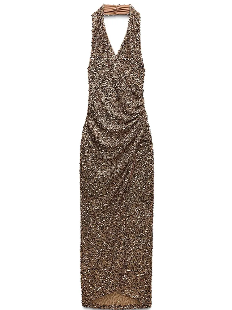 UAKISS  -  2025 Spring Sequin Backless Halter Maxi Dress For Women Elegant Sleeveless Bodycon Midi Dresses Evening Party Lady Long Vestidos