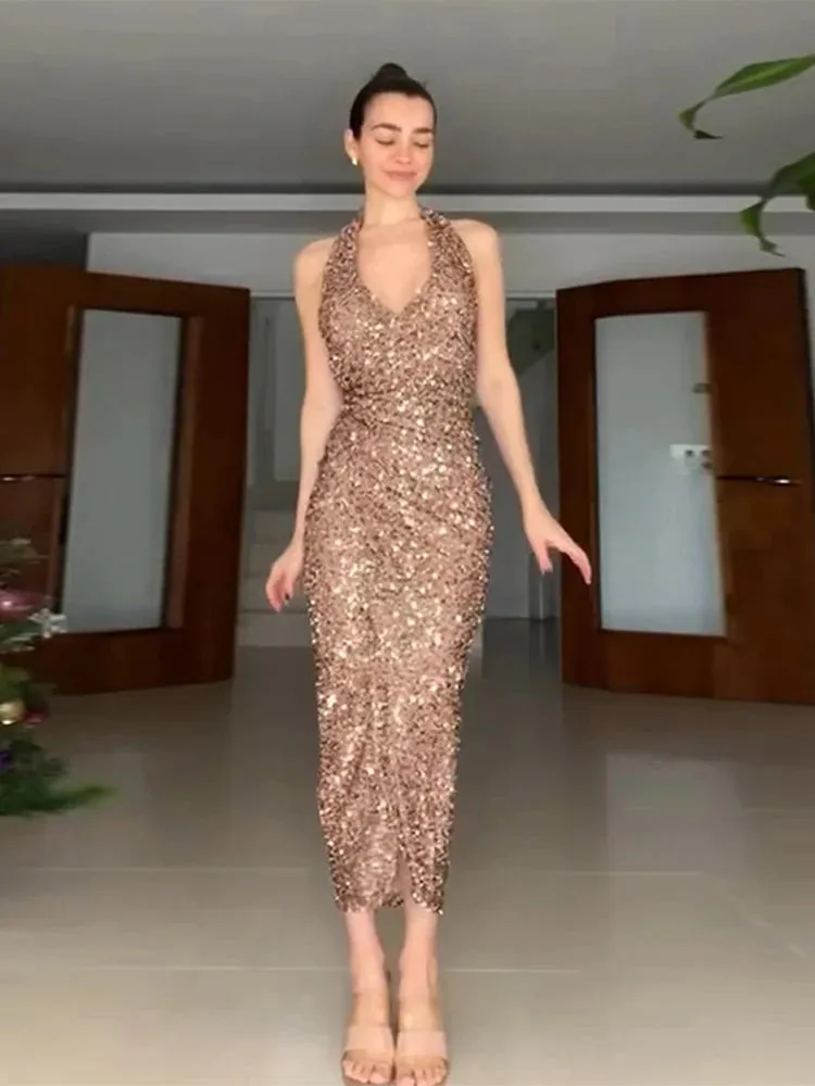 UAKISS  -  2025 Spring Sequin Backless Halter Maxi Dress For Women Elegant Sleeveless Bodycon Midi Dresses Evening Party Lady Long Vestidos