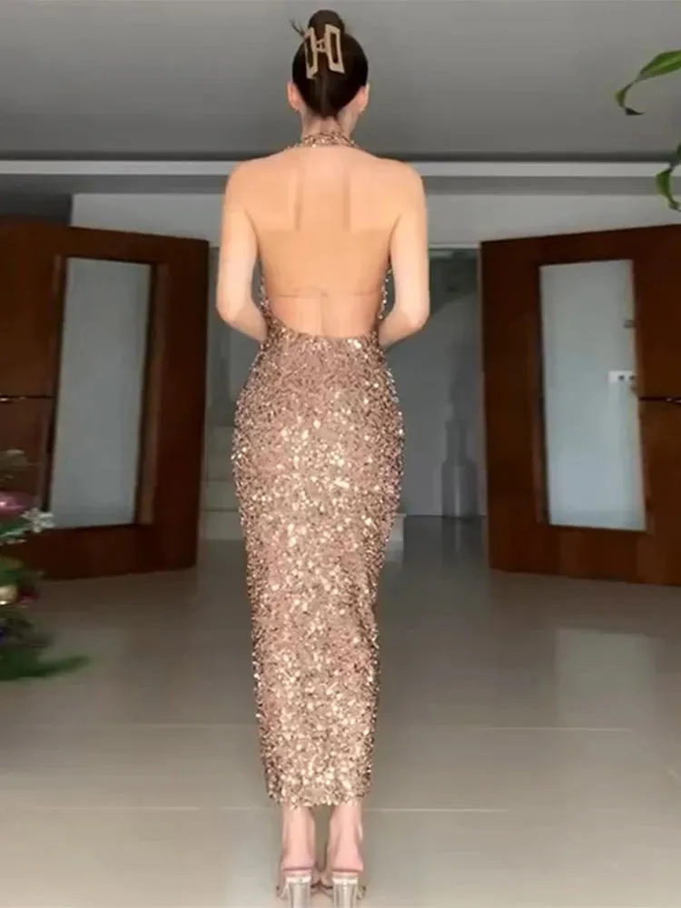 UAKISS  -  2025 Spring Sequin Backless Halter Maxi Dress For Women Elegant Sleeveless Bodycon Midi Dresses Evening Party Lady Long Vestidos