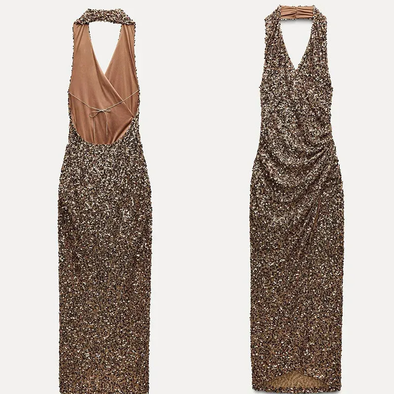 UAKISS  -  2025 Spring Sequin Backless Halter Maxi Dress For Women Elegant Sleeveless Bodycon Midi Dresses Evening Party Lady Long Vestidos