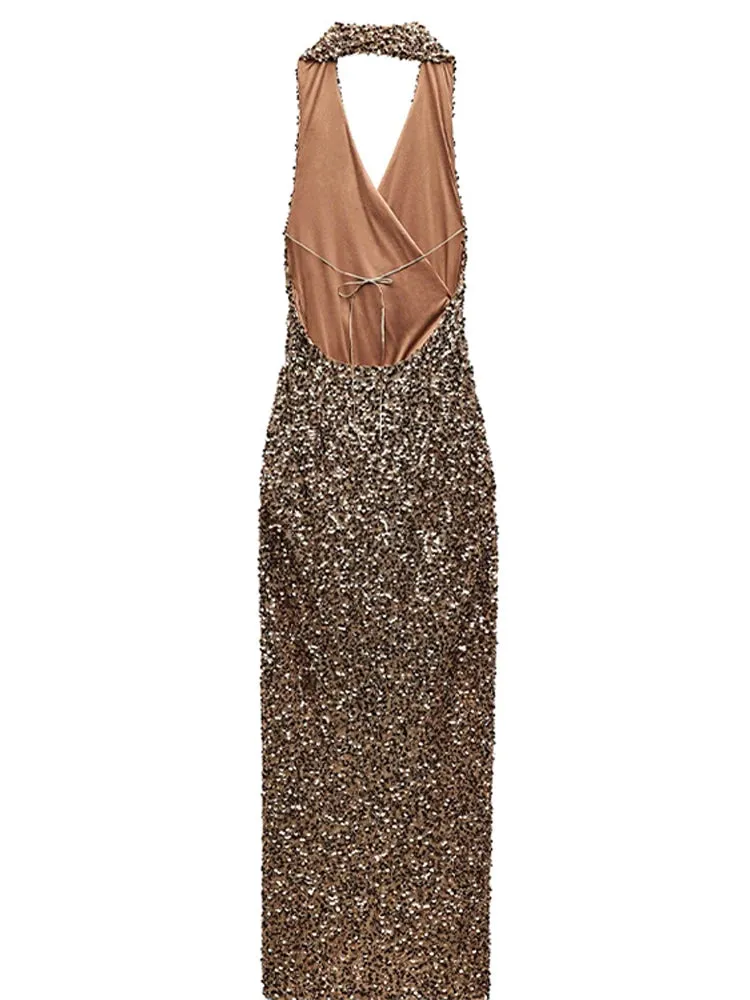 UAKISS  -  2025 Spring Sequin Backless Halter Maxi Dress For Women Elegant Sleeveless Bodycon Midi Dresses Evening Party Lady Long Vestidos