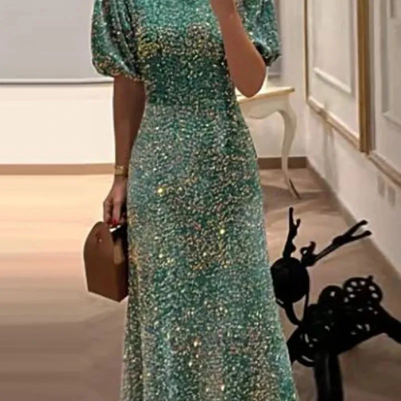UAKISS  -  Temperament 2024 Bodycon Sequins Puff Sleeve Dresses High Street Glitter High Waisted Party Dress Women Chic O-Neck Long Dress