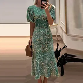 UAKISS  -  Temperament 2024 Bodycon Sequins Puff Sleeve Dresses High Street Glitter High Waisted Party Dress Women Chic O-Neck Long Dress