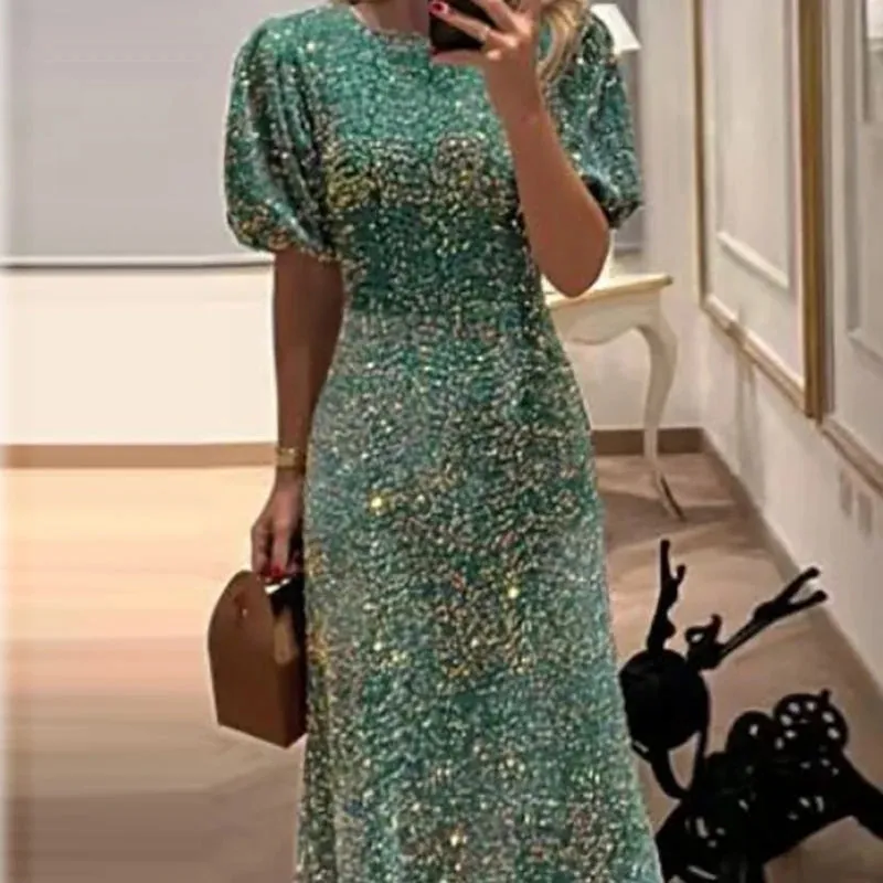 UAKISS  -  Temperament 2024 Bodycon Sequins Puff Sleeve Dresses High Street Glitter High Waisted Party Dress Women Chic O-Neck Long Dress