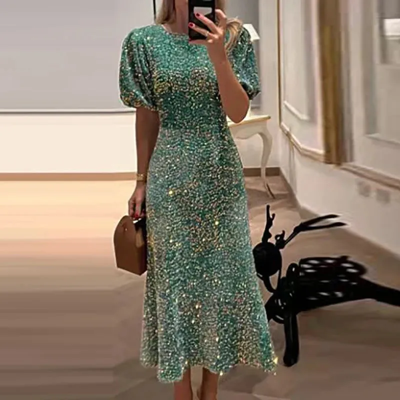 UAKISS  -  Temperament 2024 Bodycon Sequins Puff Sleeve Dresses High Street Glitter High Waisted Party Dress Women Chic O-Neck Long Dress