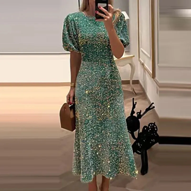 UAKISS  -  Temperament 2024 Bodycon Sequins Puff Sleeve Dresses High Street Glitter High Waisted Party Dress Women Chic O-Neck Long Dress