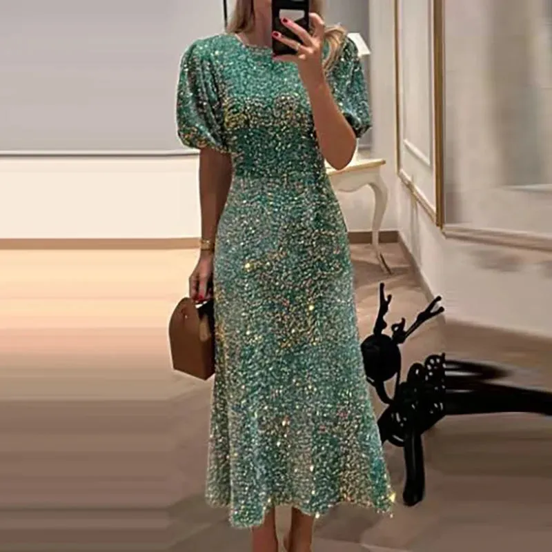 UAKISS  -  Temperament 2024 Bodycon Sequins Puff Sleeve Dresses High Street Glitter High Waisted Party Dress Women Chic O-Neck Long Dress