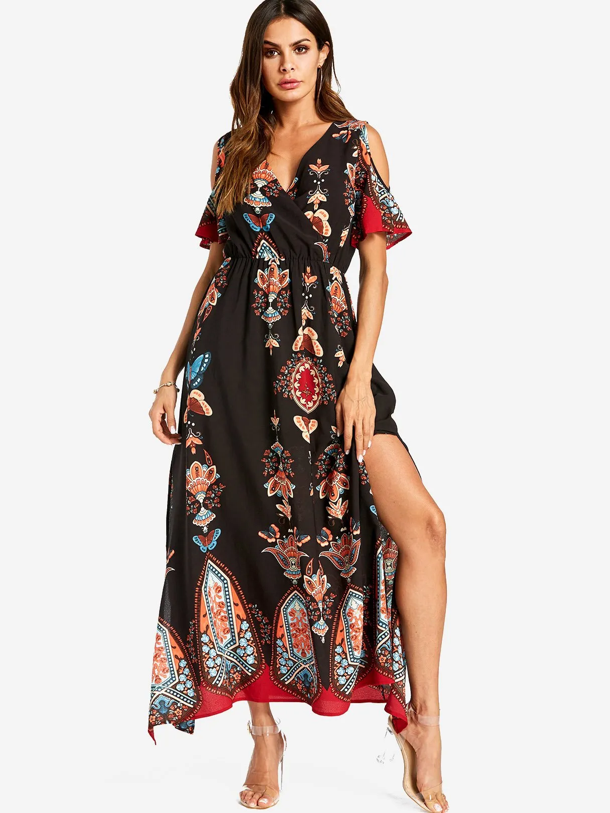 Wholesale Black V-Neck Cold Shoulder Short Sleeve Printed Slit Maxi Dresses