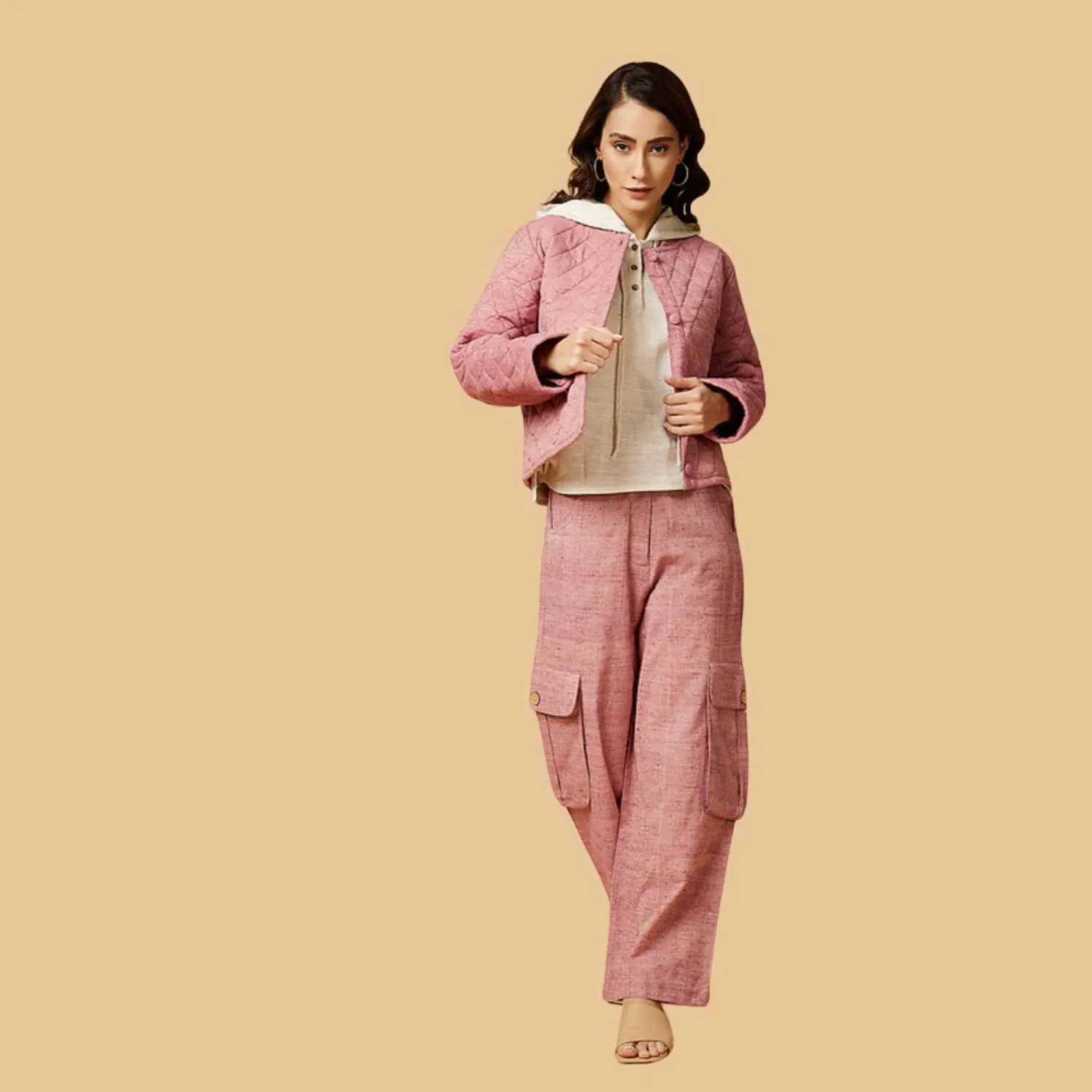 Women Hoodie Winter Jacket  | Quilted Style | Peace Eri Silk | Casual | Powder Pink