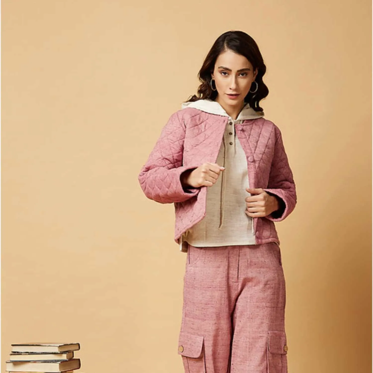 Women Hoodie Winter Jacket  | Quilted Style | Peace Eri Silk | Casual | Powder Pink