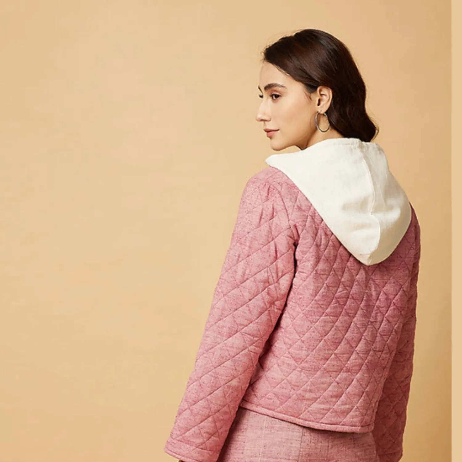 Women Hoodie Winter Jacket  | Quilted Style | Peace Eri Silk | Casual | Powder Pink