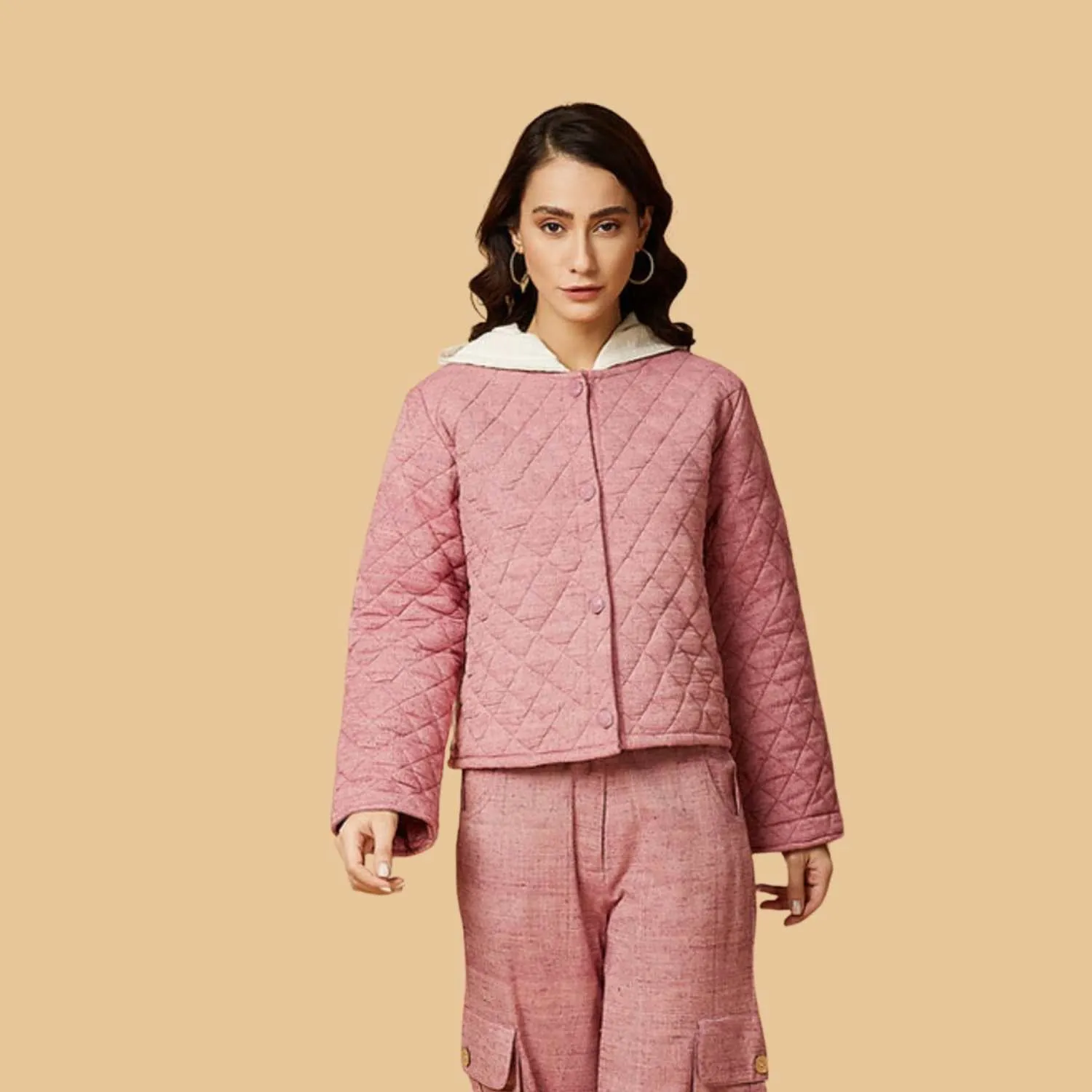 Women Hoodie Winter Jacket  | Quilted Style | Peace Eri Silk | Casual | Powder Pink